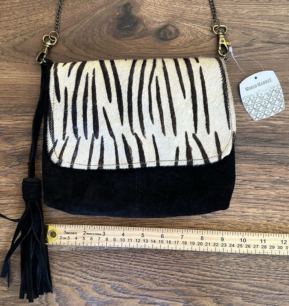 World Market Zebra Print Haircalf Suede Crossbody Bag Tassel Chain Strap NWT